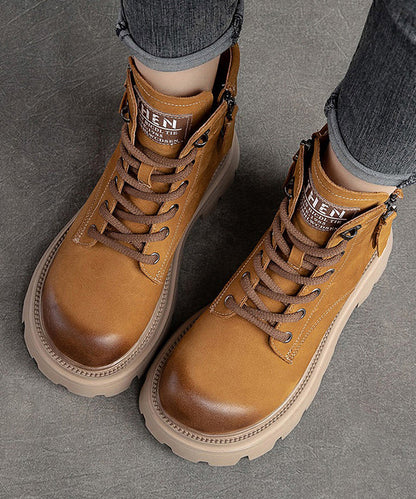 Yellow Lace Up Splicing Cowhide Leather Platform Boots