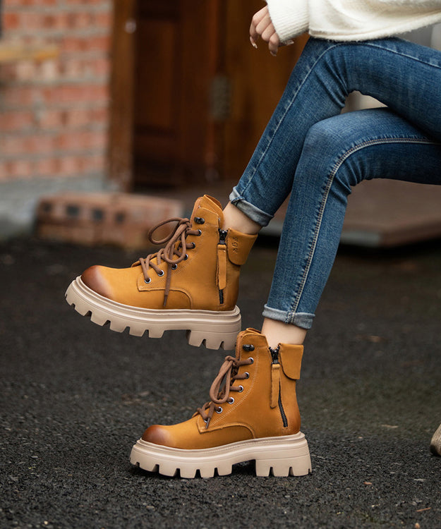 Yellow Lace Up Splicing Platform Boots Fuzzy Wool Lined