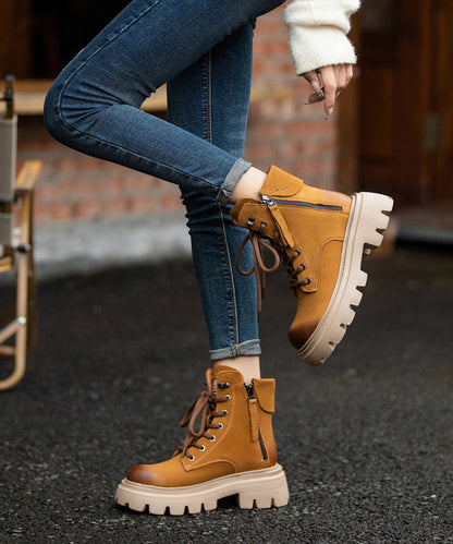 Yellow Lace Up Splicing Platform Boots Fuzzy Wool Lined