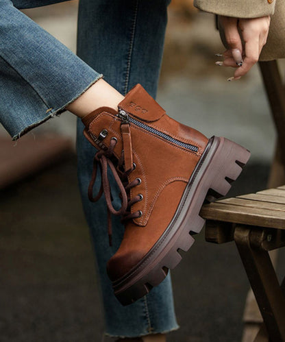 Yellow Lace Up Splicing Platform Boots Fuzzy Wool Lined