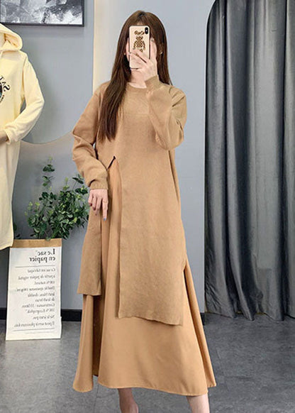 Gelb O-Ausschnitt Chiffon Patchwork Strickkleider Frühling