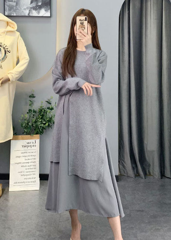 Gelb O-Ausschnitt Chiffon Patchwork Strickkleider Frühling