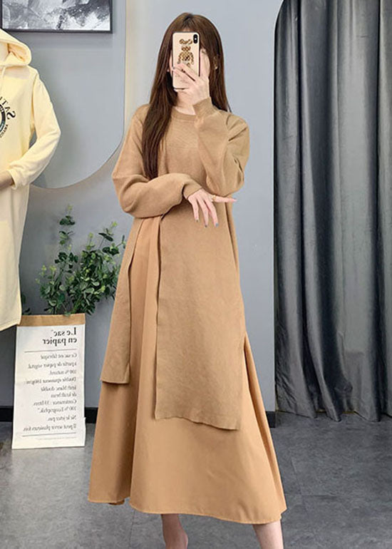 Gelb O-Ausschnitt Chiffon Patchwork Strickkleider Frühling