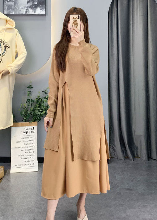 Gelb O-Ausschnitt Chiffon Patchwork Strickkleider Frühling