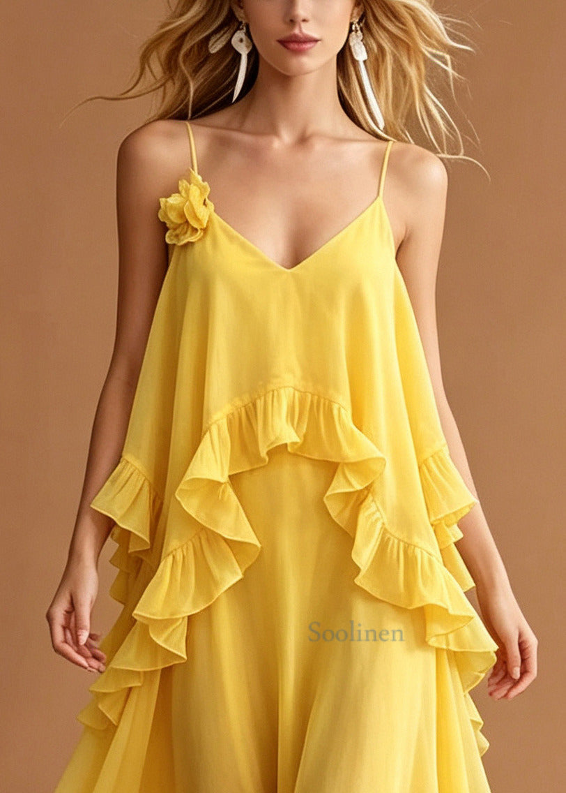 Yellow Patchwork Chiffon Mini Dress Ruffled Flower Summer