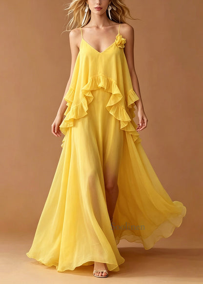 Yellow Patchwork Chiffon Mini Dress Ruffled Flower Summer