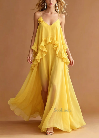 Yellow Patchwork Chiffon Mini Dress Ruffled Flower Summer