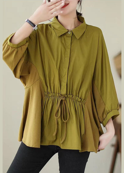 Blusas de algodón con patchwork amarillo, cuello Peter Pan y cordones para verano