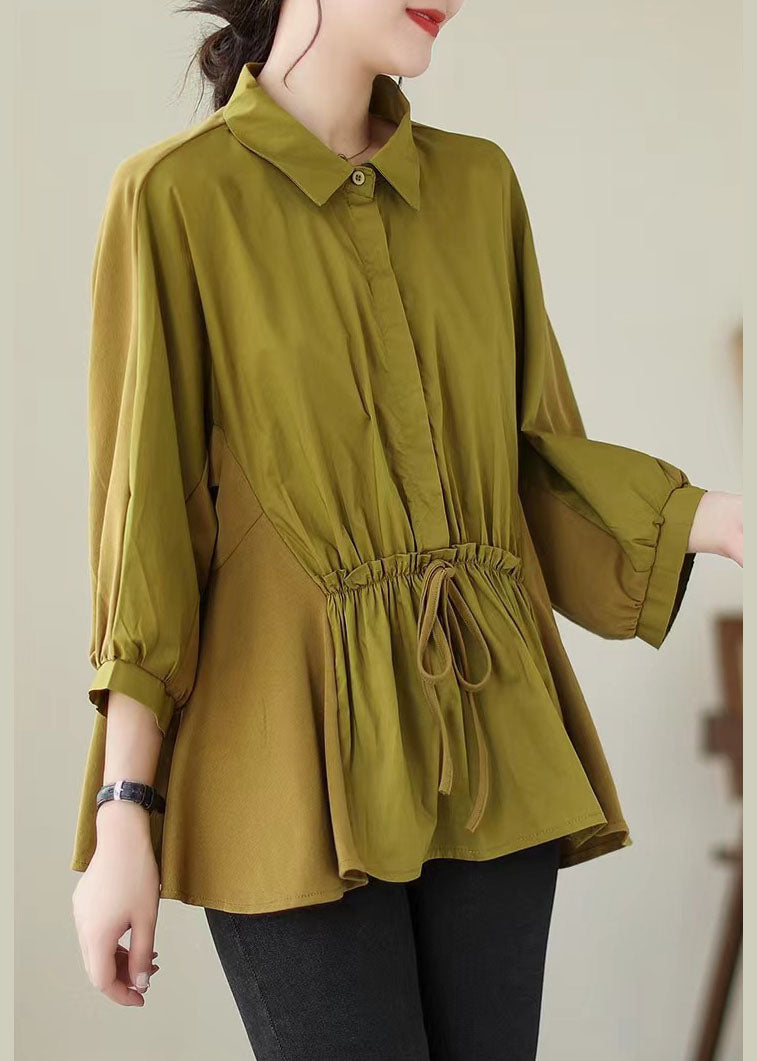 Blusas de algodón con patchwork amarillo, cuello Peter Pan y cordones para verano