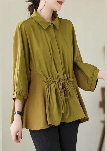 Blusas de algodón con patchwork amarillo, cuello Peter Pan y cordones para verano