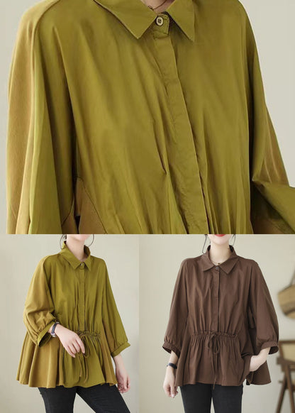 Blusas de algodón con patchwork amarillo, cuello Peter Pan y cordones para verano