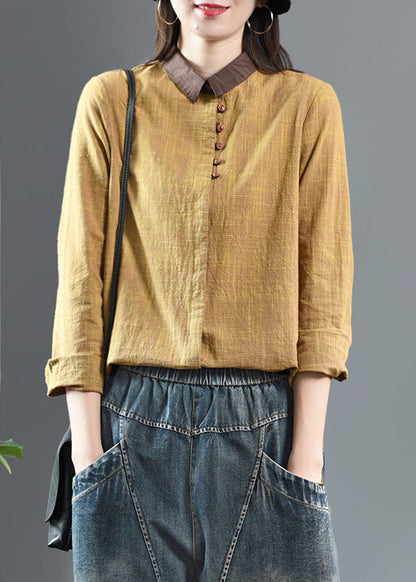 Gelbes Patchwork-Baumwolltop mit Peter-Pan-Kragen und Knopfleiste