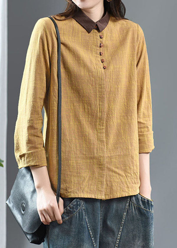 Gelbes Patchwork-Baumwolltop mit Peter-Pan-Kragen und Knopfleiste