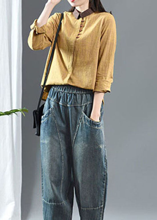 Gelbes Patchwork-Baumwolltop mit Peter-Pan-Kragen und Knopfleiste