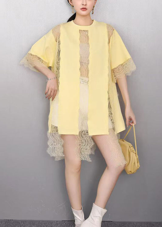 Yellow Patchwork Lace Tank Tops Hollow Out Summer