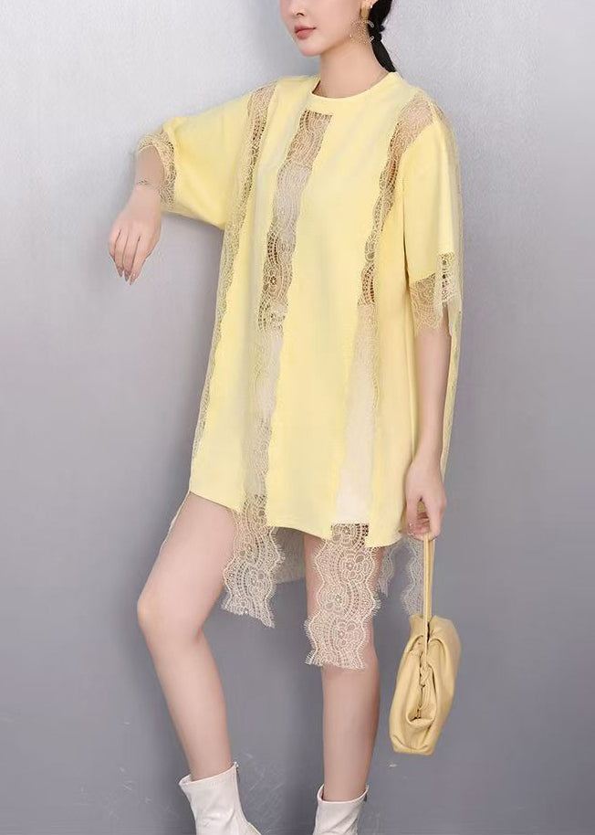 Yellow Patchwork Lace Tank Tops Hollow Out Summer