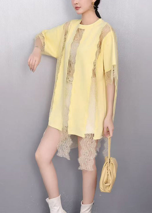 Yellow Patchwork Lace Tank Tops Hollow Out Summer