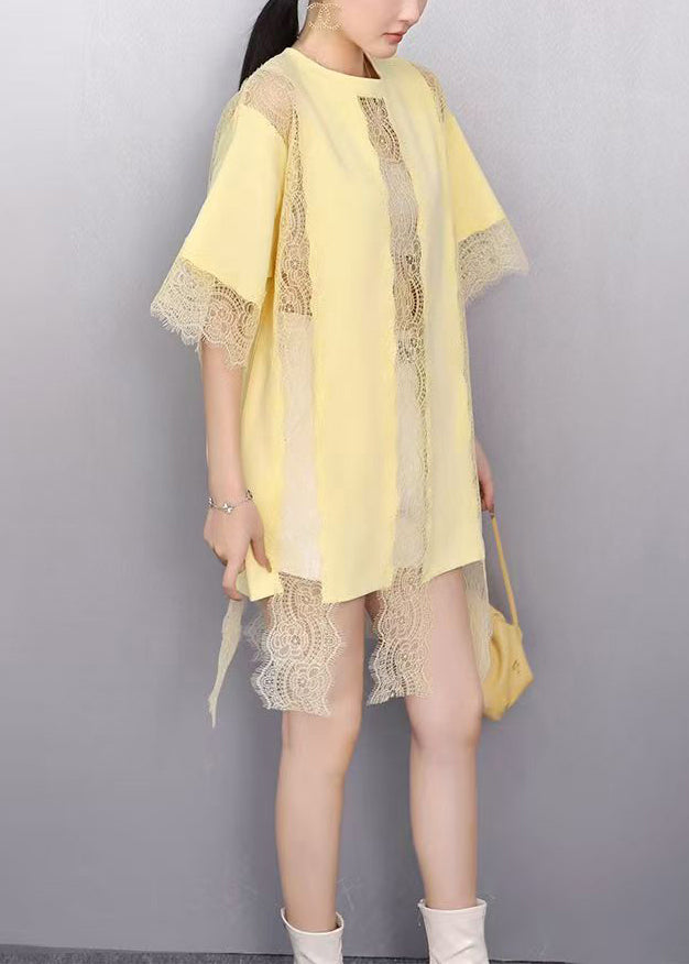 Yellow Patchwork Lace Tank Tops Hollow Out Summer