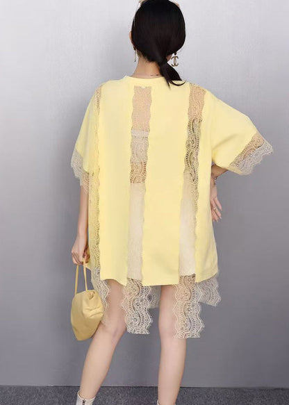 Yellow Patchwork Lace Tank Tops Hollow Out Summer