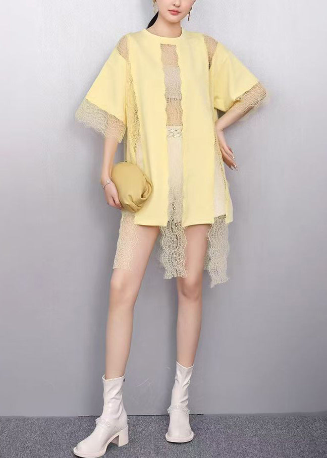 Yellow Patchwork Lace Tank Tops Hollow Out Summer