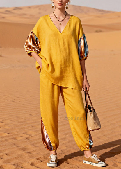 Yellow Patchwork Linen Silk Two Pieces Set Oversized Half Sleeve