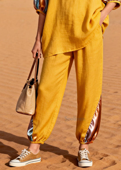 Yellow Patchwork Linen Silk Two Pieces Set Oversized Half Sleeve