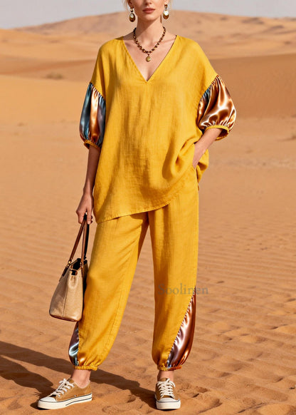 Yellow Patchwork Linen Silk Two Pieces Set Oversized Half Sleeve