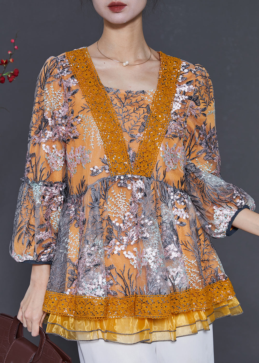 Gelb Patchwork Tüll Shirt Top Bestickt Frühling