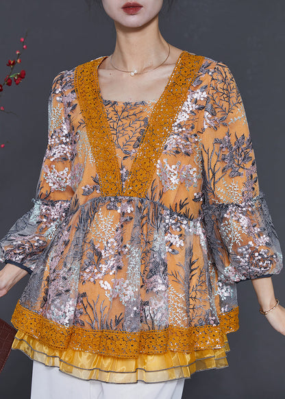Gelb Patchwork Tüll Shirt Top Bestickt Frühling