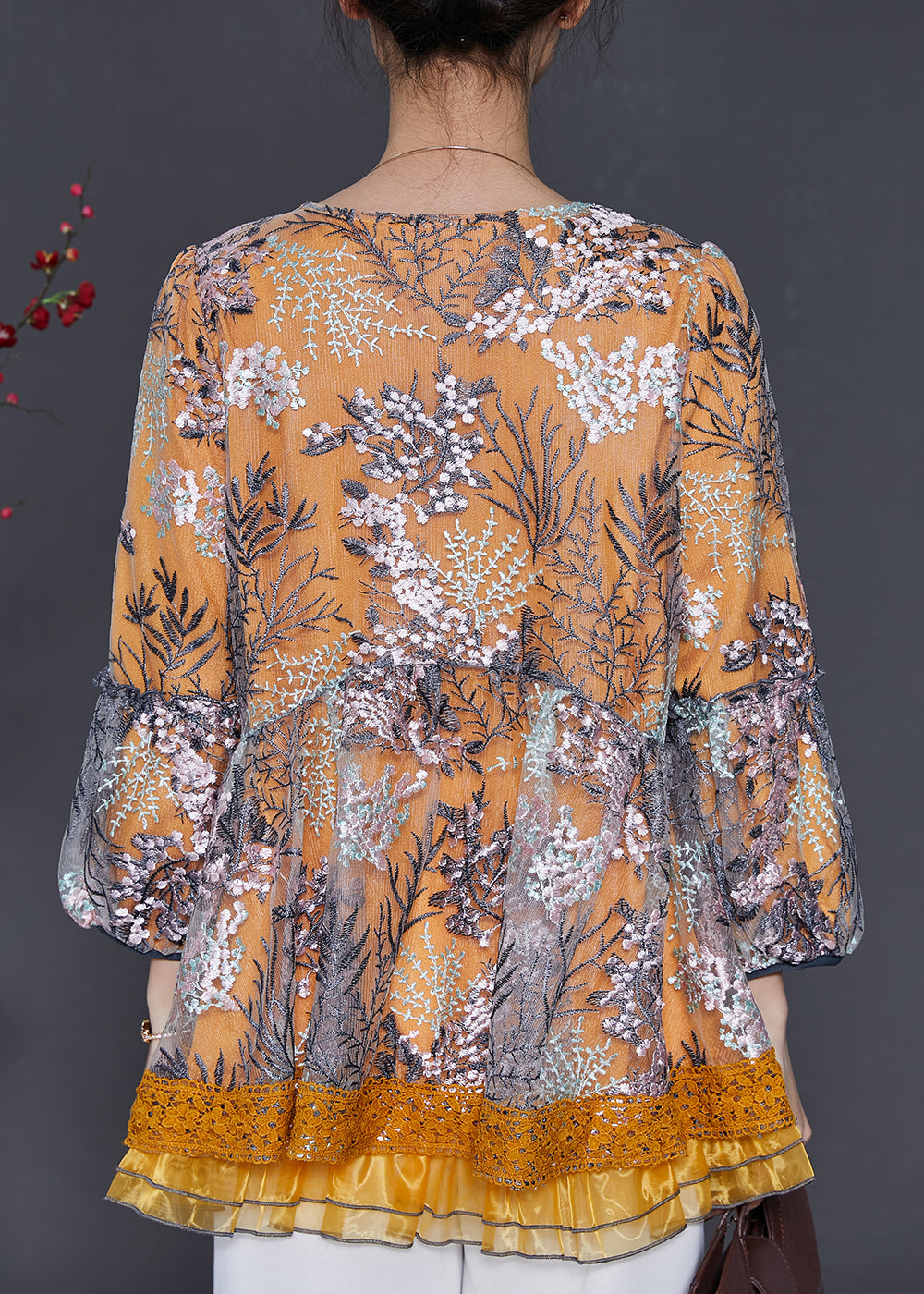 Gelb Patchwork Tüll Shirt Top Bestickt Frühling