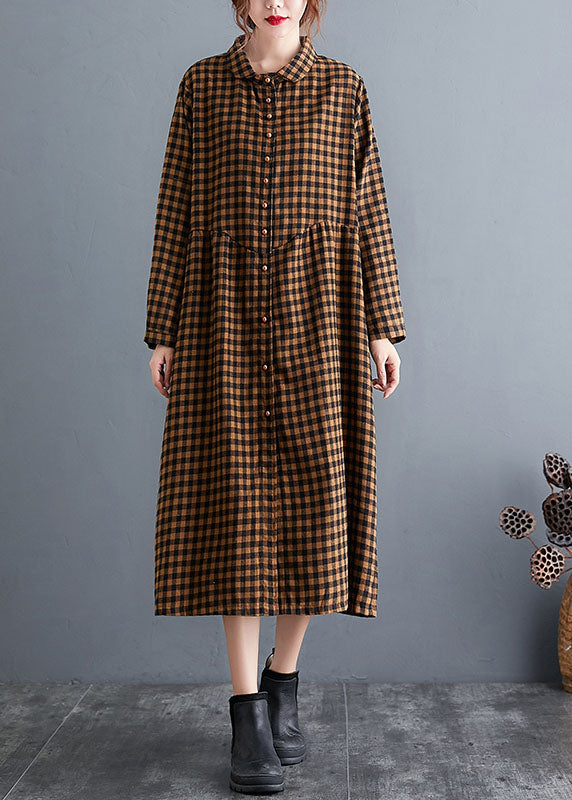 Gelb karierte Knopf Baumwollkleider Frühling