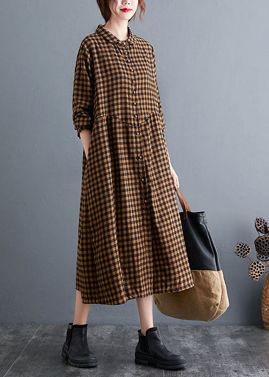 Gelb karierte Knopf Baumwollkleider Frühling