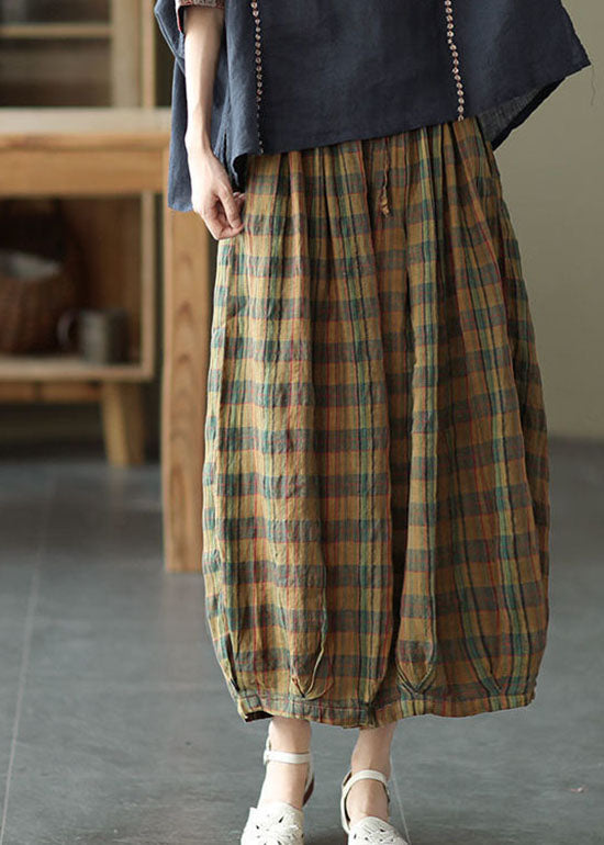 Gelb Plaid Print Baumwolle weites Bein Hose Kordelzug Frühling