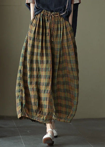 Gelb Plaid Print Baumwolle weites Bein Hose Kordelzug Frühling