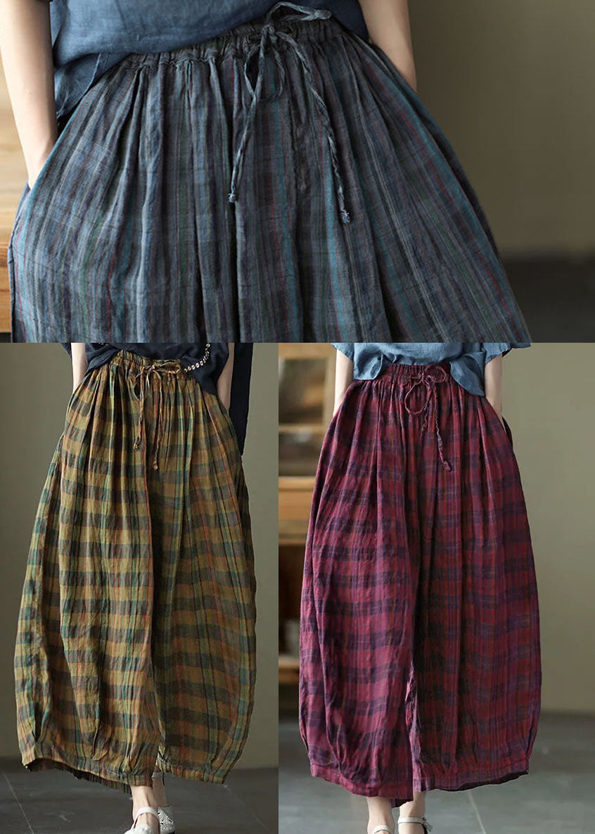 Gelb Plaid Print Baumwolle weites Bein Hose Kordelzug Frühling