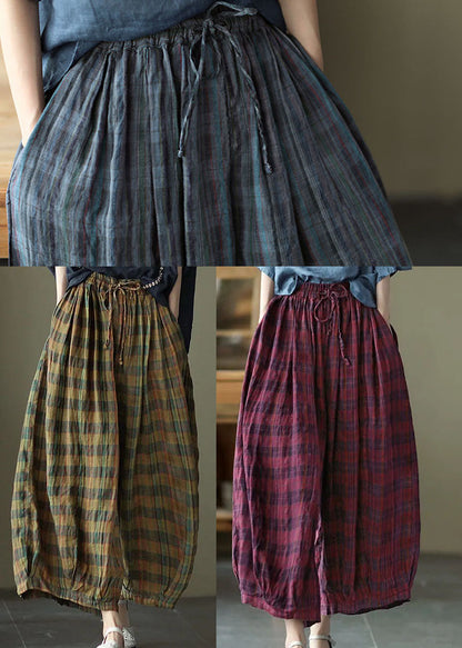 Gelb Plaid Print Baumwolle weites Bein Hose Kordelzug Frühling