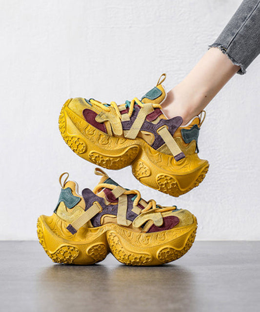 Gelbe Plateau-Schuhe aus Wildleder, lässig, mit Schnürung