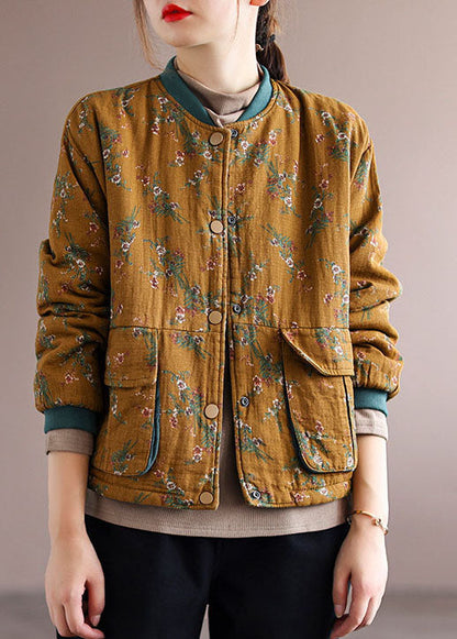 Gelber bedruckter Mantel mit feiner Baumwollfüllung, Stehkragen, lange Ärmel