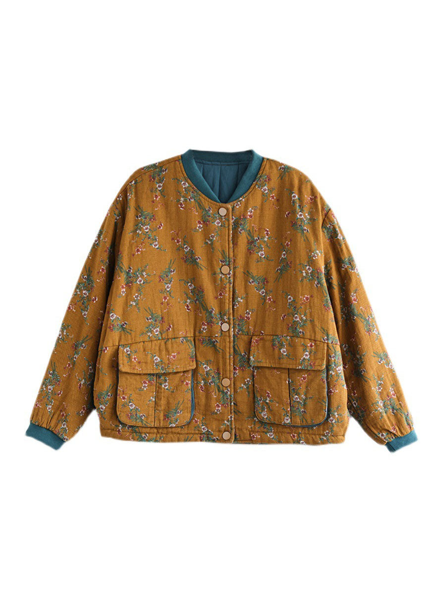 Gelber bedruckter Mantel mit feiner Baumwollfüllung, Stehkragen, lange Ärmel