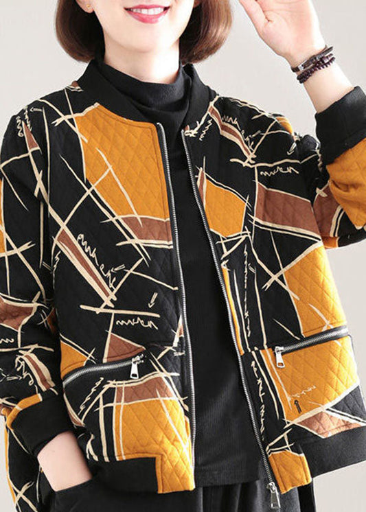 Gelb Druck Feine Baumwolle Gefüllt Damen Parka Stehkragen Zip Up Winter