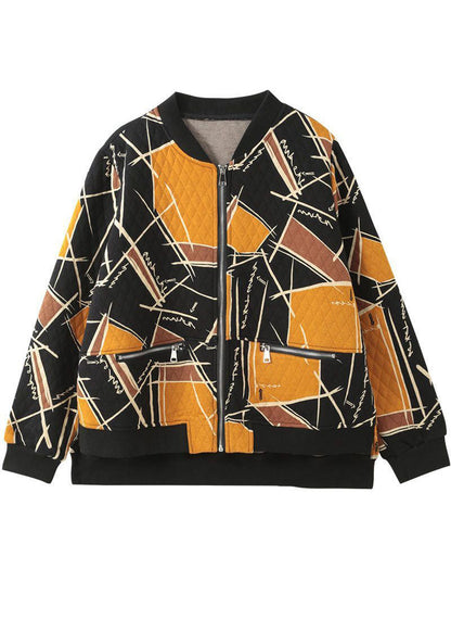 Gelb Druck Feine Baumwolle Gefüllt Damen Parka Stehkragen Zip Up Winter