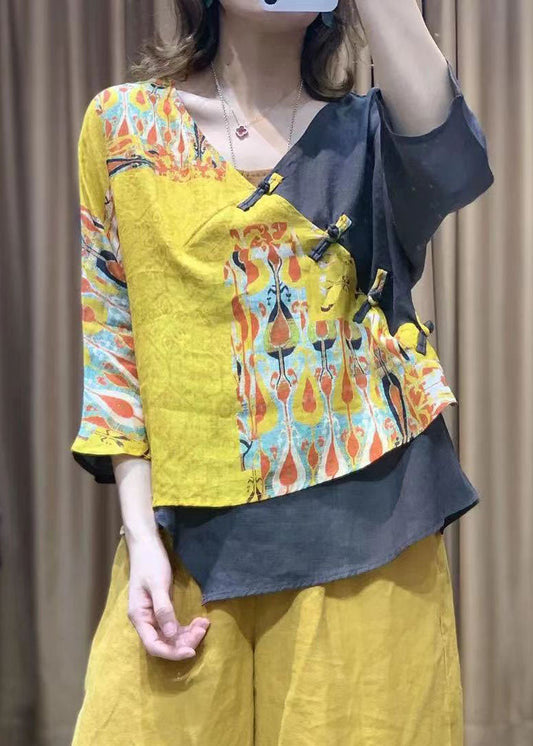 Blusas de algodón con estampado de patchwork amarillo, cuello en V asimétrico y mangas abullonadas