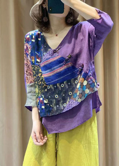 Blusas de algodón con estampado de patchwork amarillo, cuello en V asimétrico y mangas abullonadas