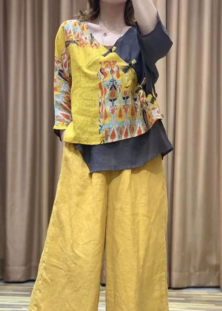 Blusas de algodón con estampado de patchwork amarillo, cuello en V asimétrico y mangas abullonadas