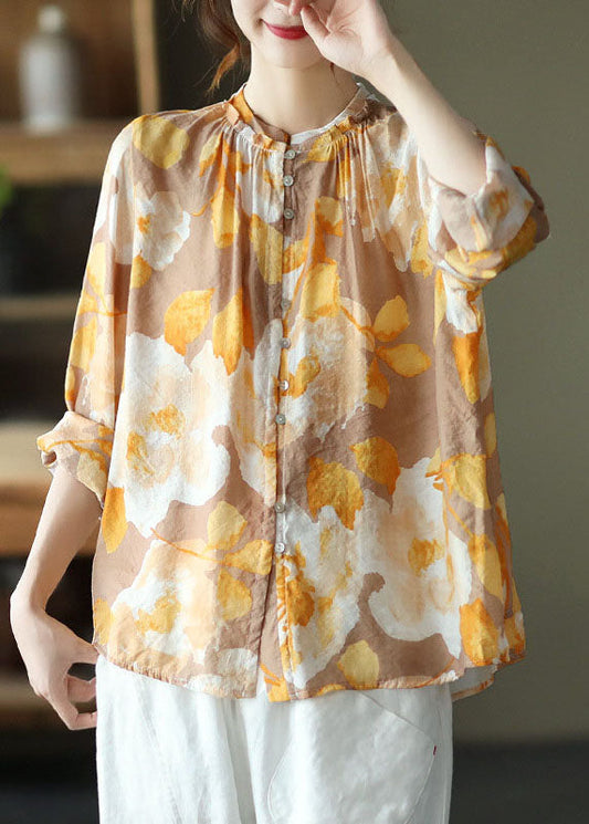 Gelb Print Patchwork Baumwolle Shirt Tops Wrinkled Langarm