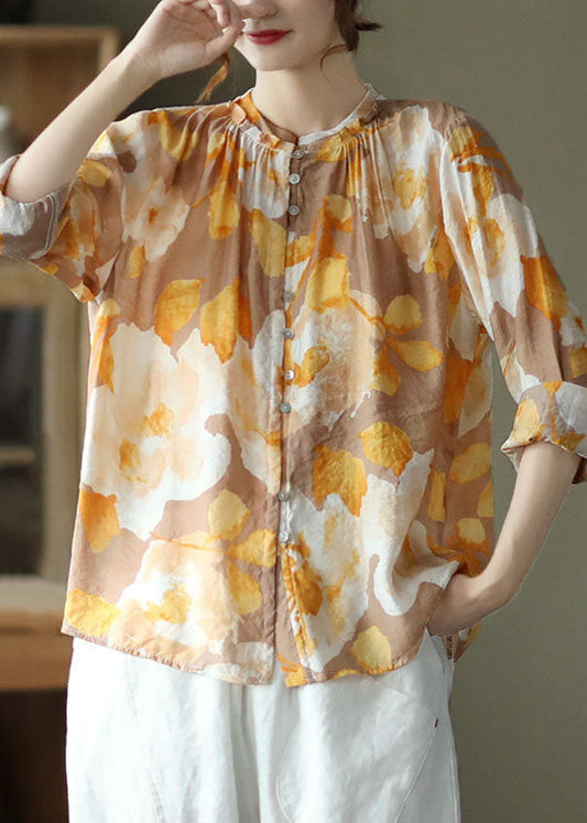 Gelb Print Patchwork Baumwolle Shirt Tops Wrinkled Langarm