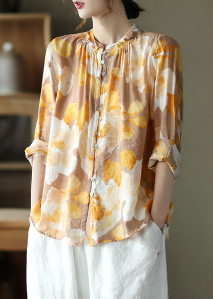 Gelb Print Patchwork Baumwolle Shirt Tops Wrinkled Langarm
