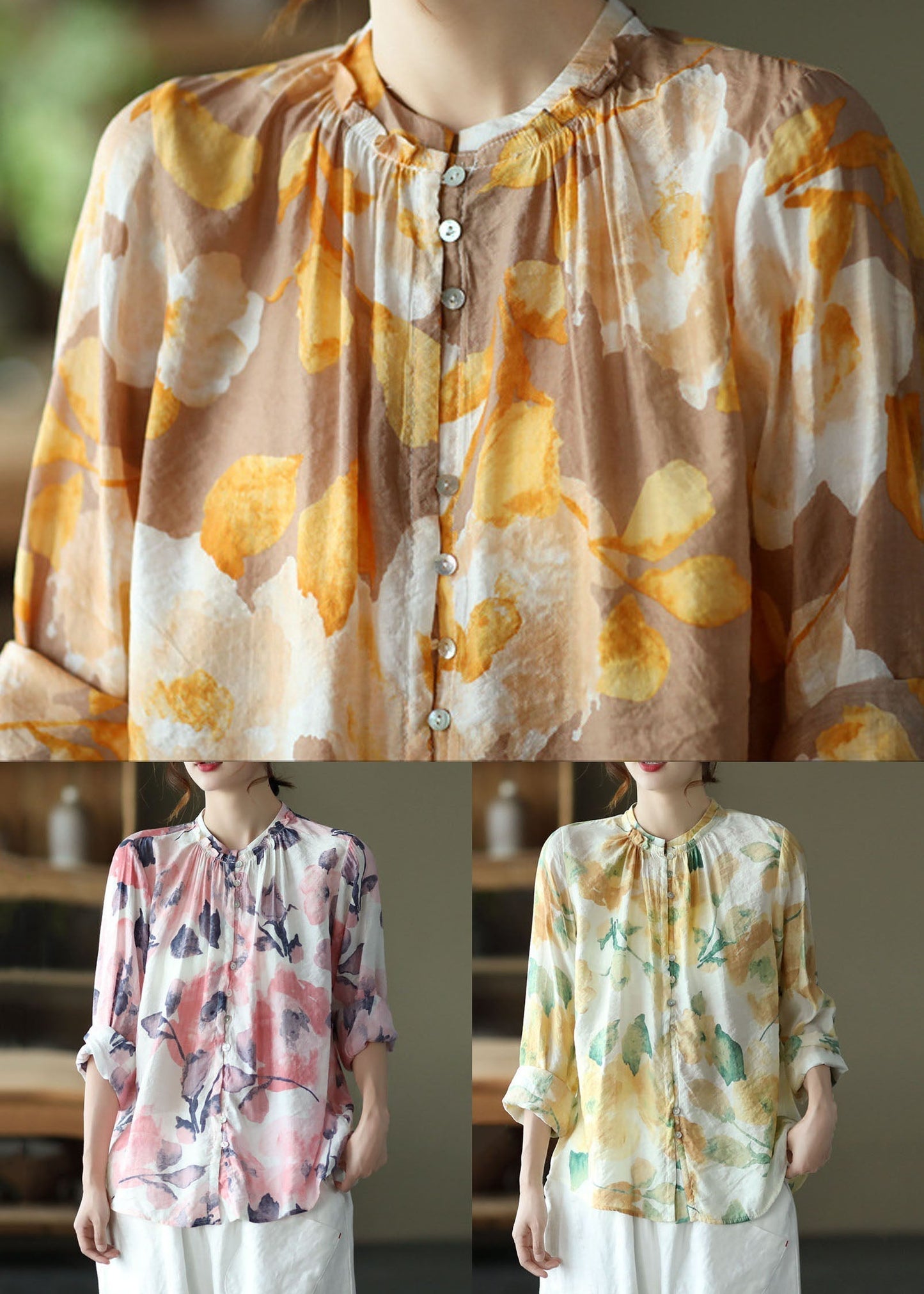 Gelb Print Patchwork Baumwolle Shirt Tops Wrinkled Langarm