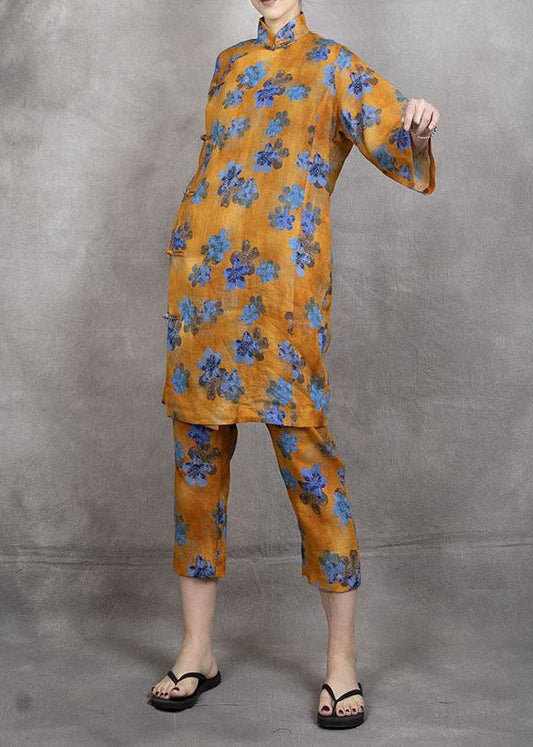 Conjunto de dos piezas de lino con estampado de patchwork amarillo y botones chinos de verano