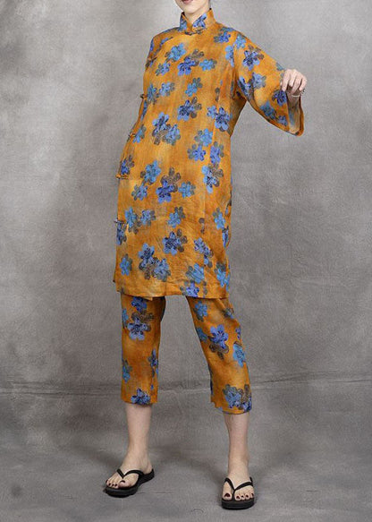 Gelb Print Patchwork Leinen Zweiteiler Set Chinesischer Knopf Sommer